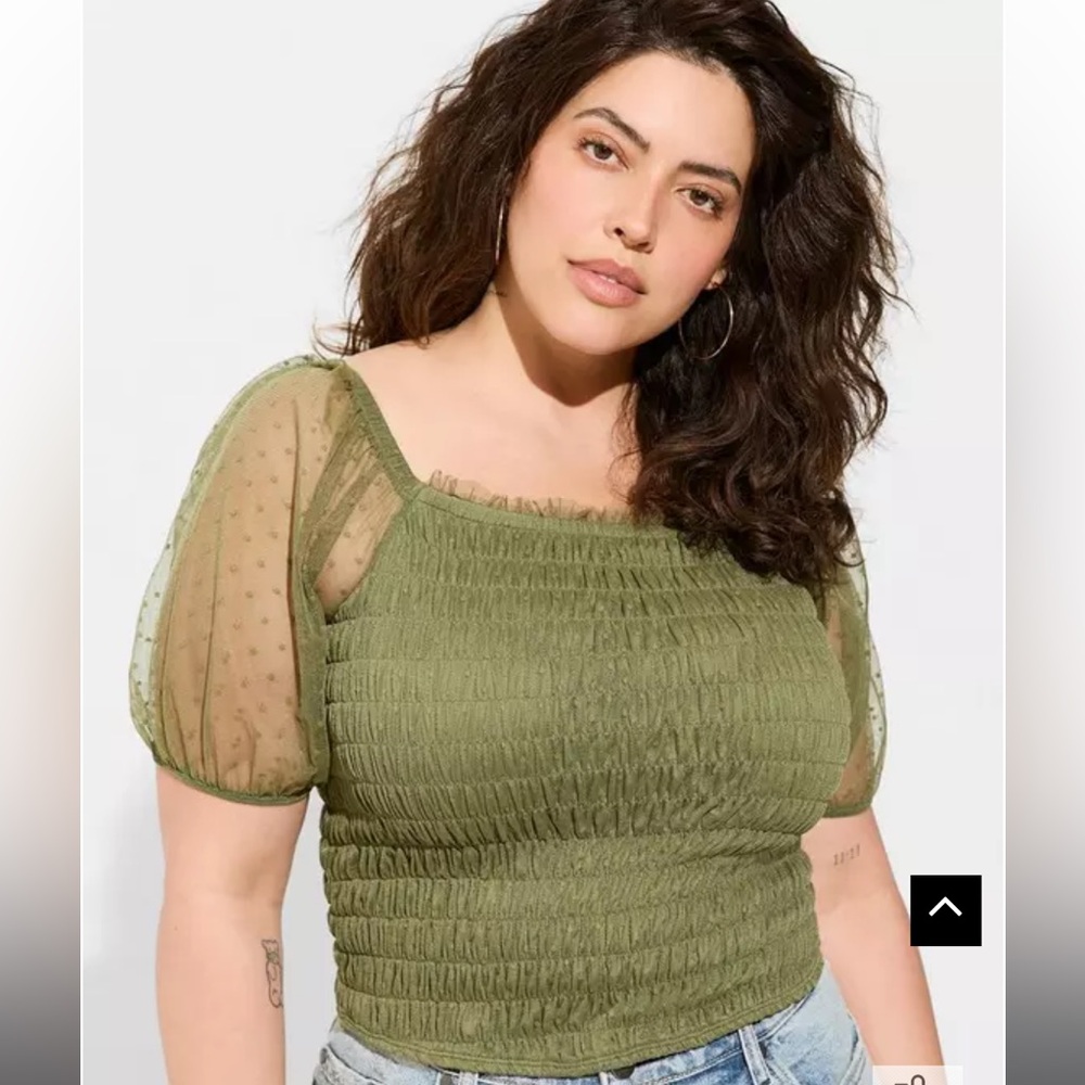 Torrid Dot Mesh Square Neck Smocked Crop Top olivine size medium